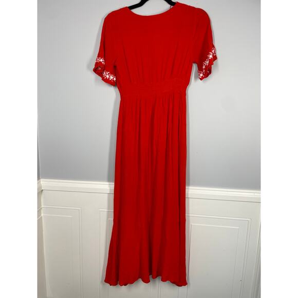 Alya, Size Small, Red Crinkle Gauze Maxi Dress, Boho, Embroidered, Short Sleeve - Picture 6 of 7